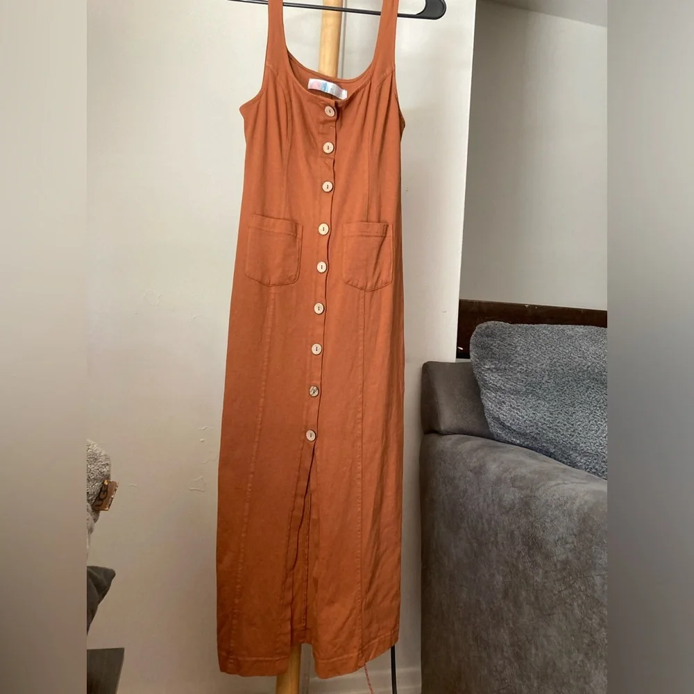 Free People 100% Cotton Wooden Button Front Pocket Front Orange Brown Dress